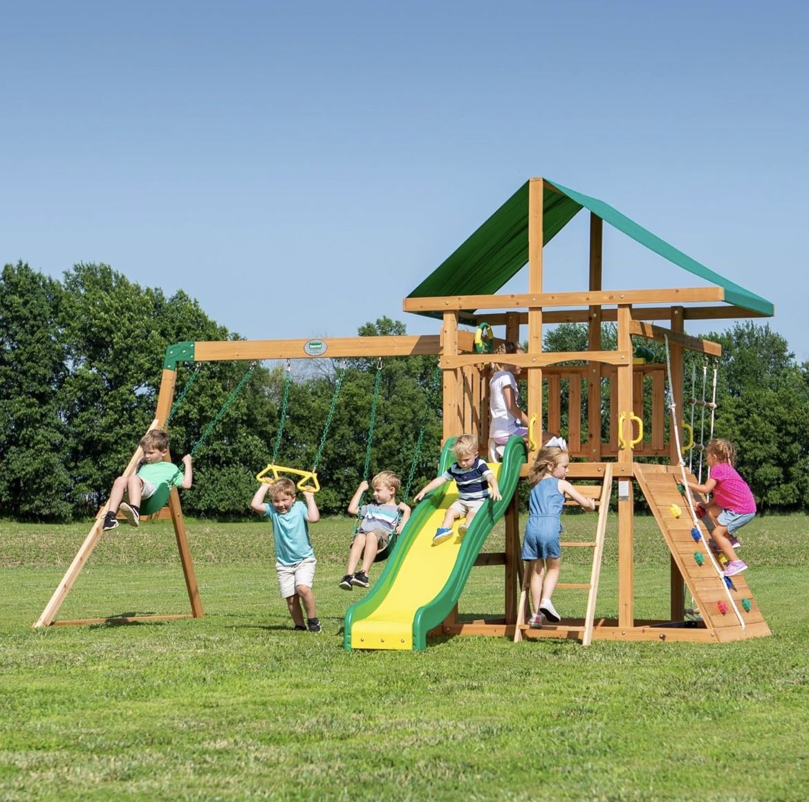Backyard Discovery Mount McKinley All Cedar Wood Swing Set, Playground for All Kids Age 3-10, Rock Wall, Wave Slide, Fort, Double Rock Climber and Rop