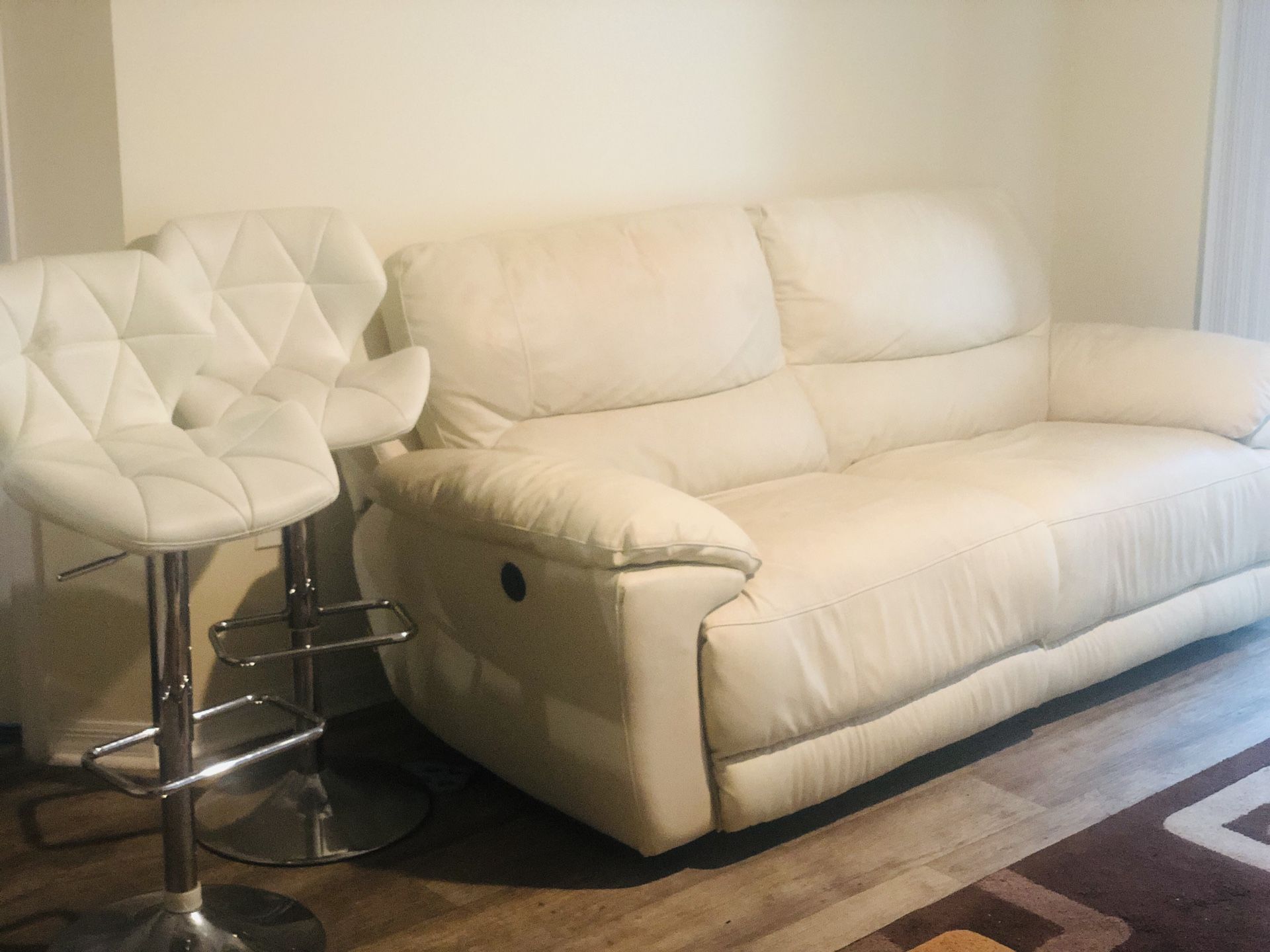 Leather sofa recliner w/two adjustable bar stools.