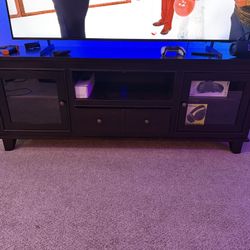 Black TV Stand / Media Console with Storage & Glass Doors