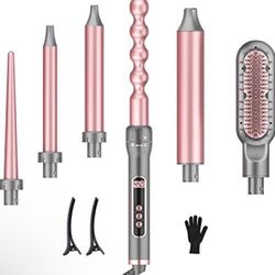 Curling Iron, 6-in-1 Curling Wand Set with Hair Straightener Brush, Professional Hair Curler with 6 Interchangeable Ceramic Barrels, 60 Min Auto Off H