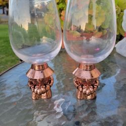 (2) Thanksgiving Pilgrim Gnome Wine Glass Metal Base Pumpkin Fall