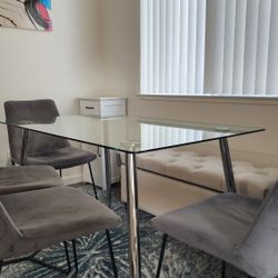 Dining Set, Glass Table with 4 Gray Velvet Dining Chairs