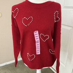 Vince Camuto Valentine Ultra Soft Cozy Relaxed Fit Red Sweater Heart Pearls