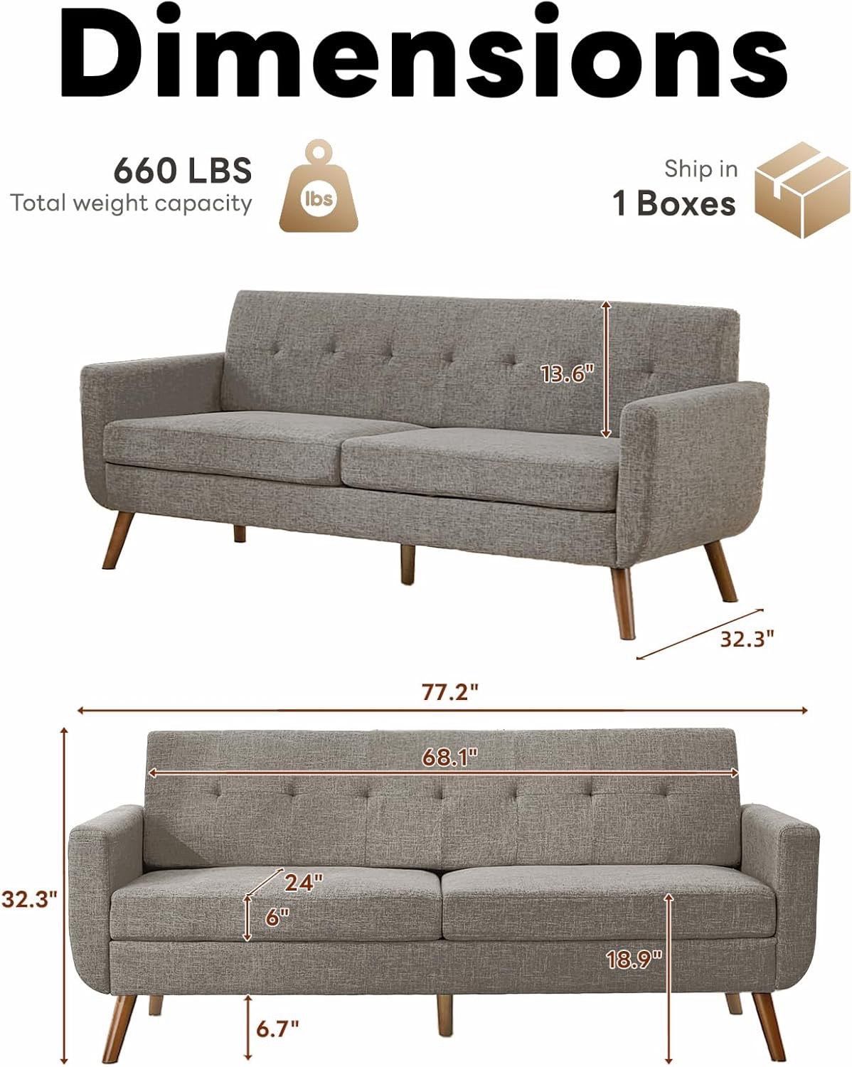 77.2" W Linen Sofa Couch, Mid Century Modern Decor Loveseat Couches for Living Room, Button Tufted Upholstered Small Couch for Bedroom, Solid, and Eas