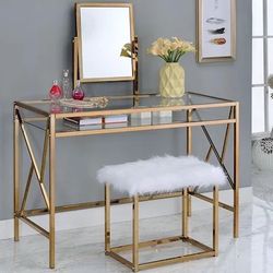 Makeup Vanity Table with Glass Top and Faux Fur Stool