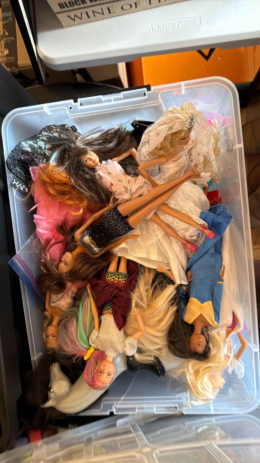 Storage tub, full of Barbie, accessories , clothes, Barbies, Barbies, Barbies Storage tub, full of Barbie, accessories , clothes, shoes, classroom, an