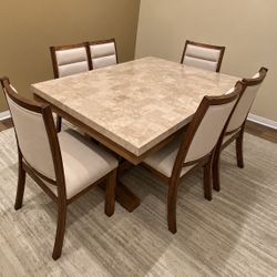 Solid Wood Dining Table w/ Marble Natural Stone Top + 6 Chairs – 72” x 42”