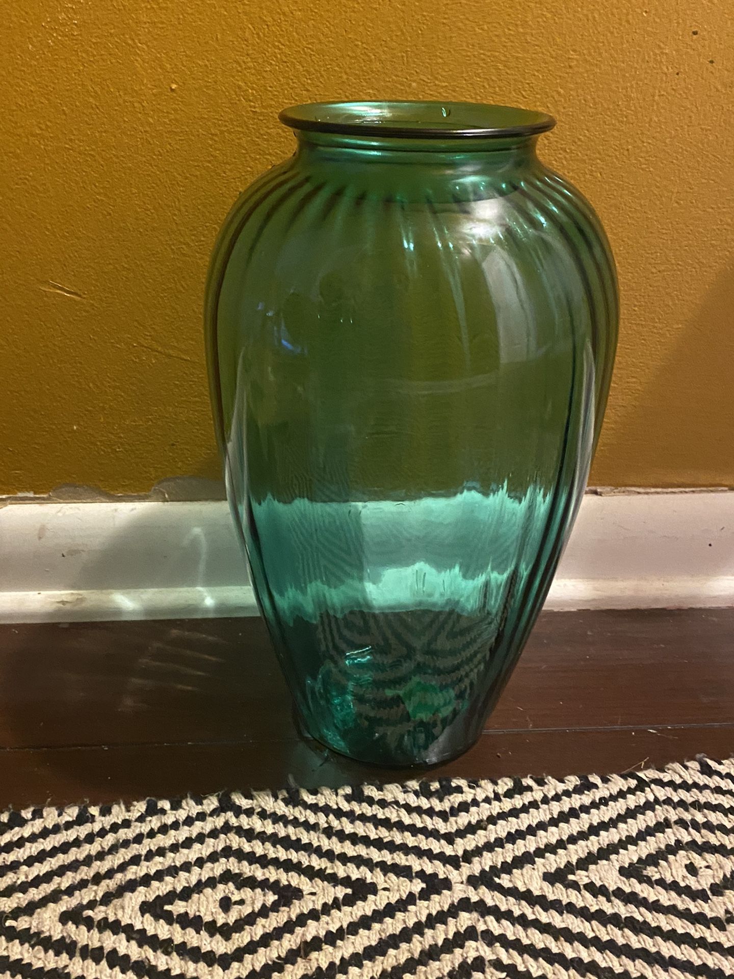 Anchor Hocking Teal Blue/Green Tall Ribbed Glass Vase 12.75" H