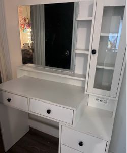 White Vanity Desk with Mirror and Storage