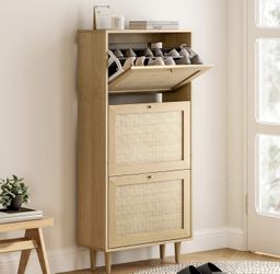 Rattan Shoe Cabinet Narrow Shoe Storage Cabinet with 3 Flip Drawers Hidden Freestanding Shoe Rack Organizer with Wood Legs for Entryway Slim, Hallway,
