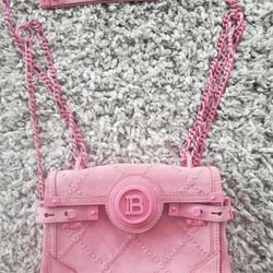 Balmain Bbuzz Beautiful Pink Suede Chain Strap Handbag 