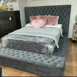 Paris Gray Velvet Queen Storage Platform Bed ⭐ King Bed Frame 1149