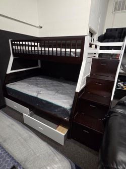 Brand New Twin/Full Bunkbed With Staircase Storage, 2 Bottom Drawers & Mattress Included  $799