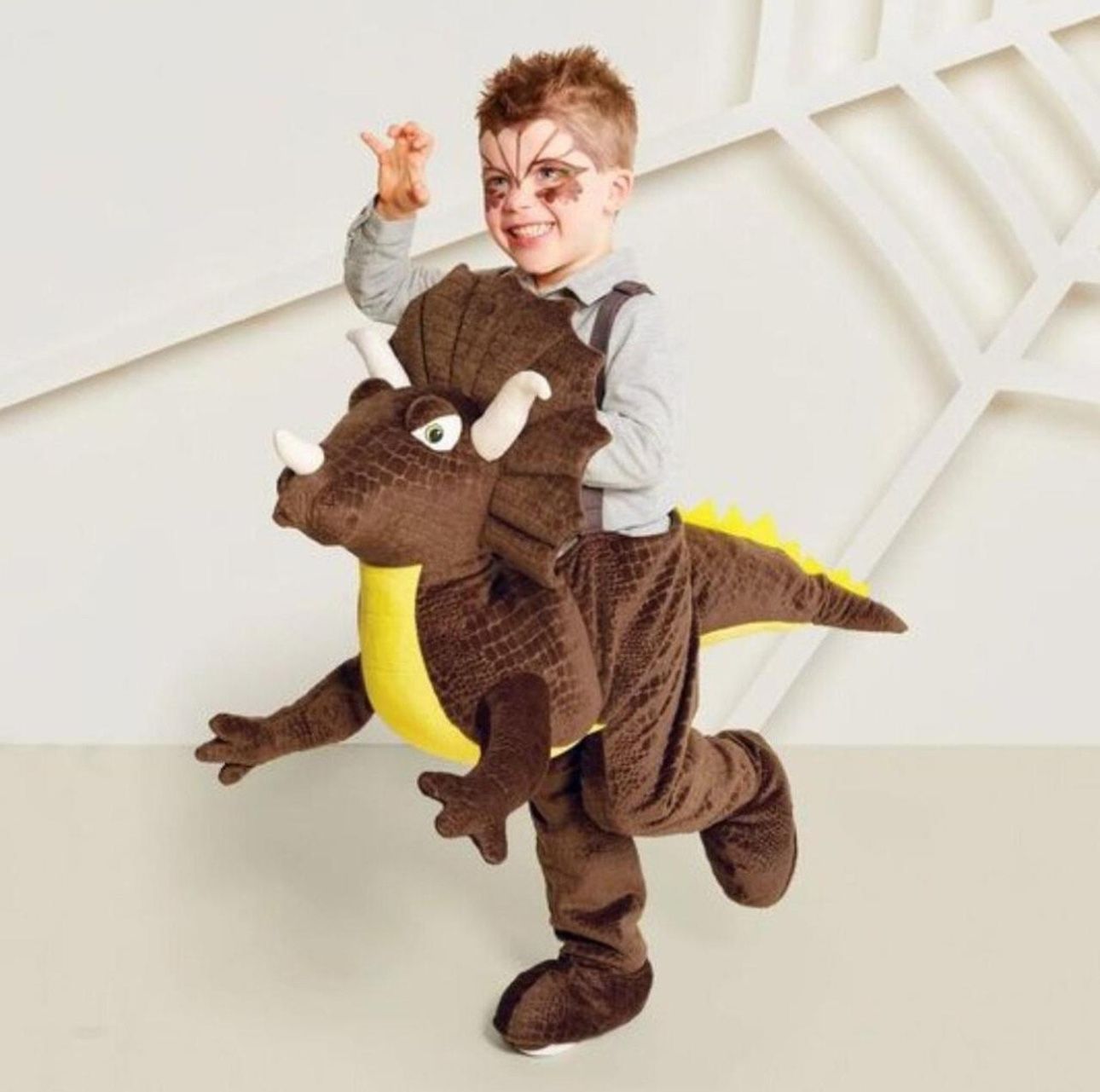 Toddler Dinosaur TRICERATOPS RIDER COSTUME BROWN SOFT PLUSH, ADJUSTABLE. Ages 18 months +.