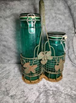Green Glass Jars with Metal Leaf Decor Carrier