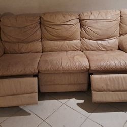 Leather Couch With 2 Recliners Beige
