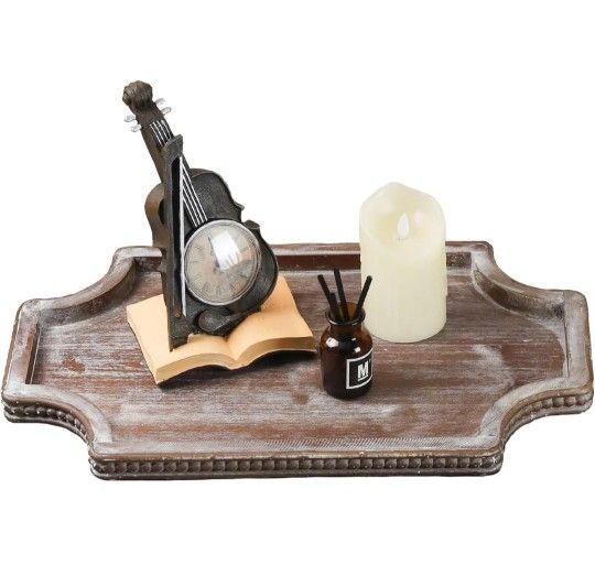 20" Octagonal Beaded Wooden Decorative Tray with Scalloped Corner for Coffee Table, Rustic Wooden Trays for Kitchen Counter, Vintage Centerpiece As Ca