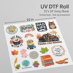 UV DTF gang sheet roll customize, full color, same day pick up. Super affordable pricing structure