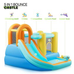 Inflatable Kids Water Slide Bounce House with Water Cannon, Bouncy House Water Park with Blower, Splash Pool, Jump Area, Climbing Wall, Carry Bag, Rep