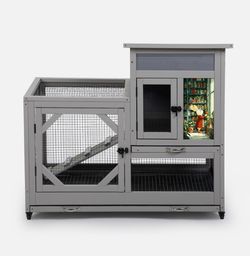 Wooden Rabbit Hutch 2-Tier Indoor Bunny Cage Cleaning Trays and Run Gray