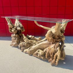 1970s Mid Century Modern Burl Driftwood Console Table 
