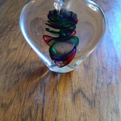 Signed Marian Pyrcak MP Poland 6" Sommerso Heart Shape Paperweight.