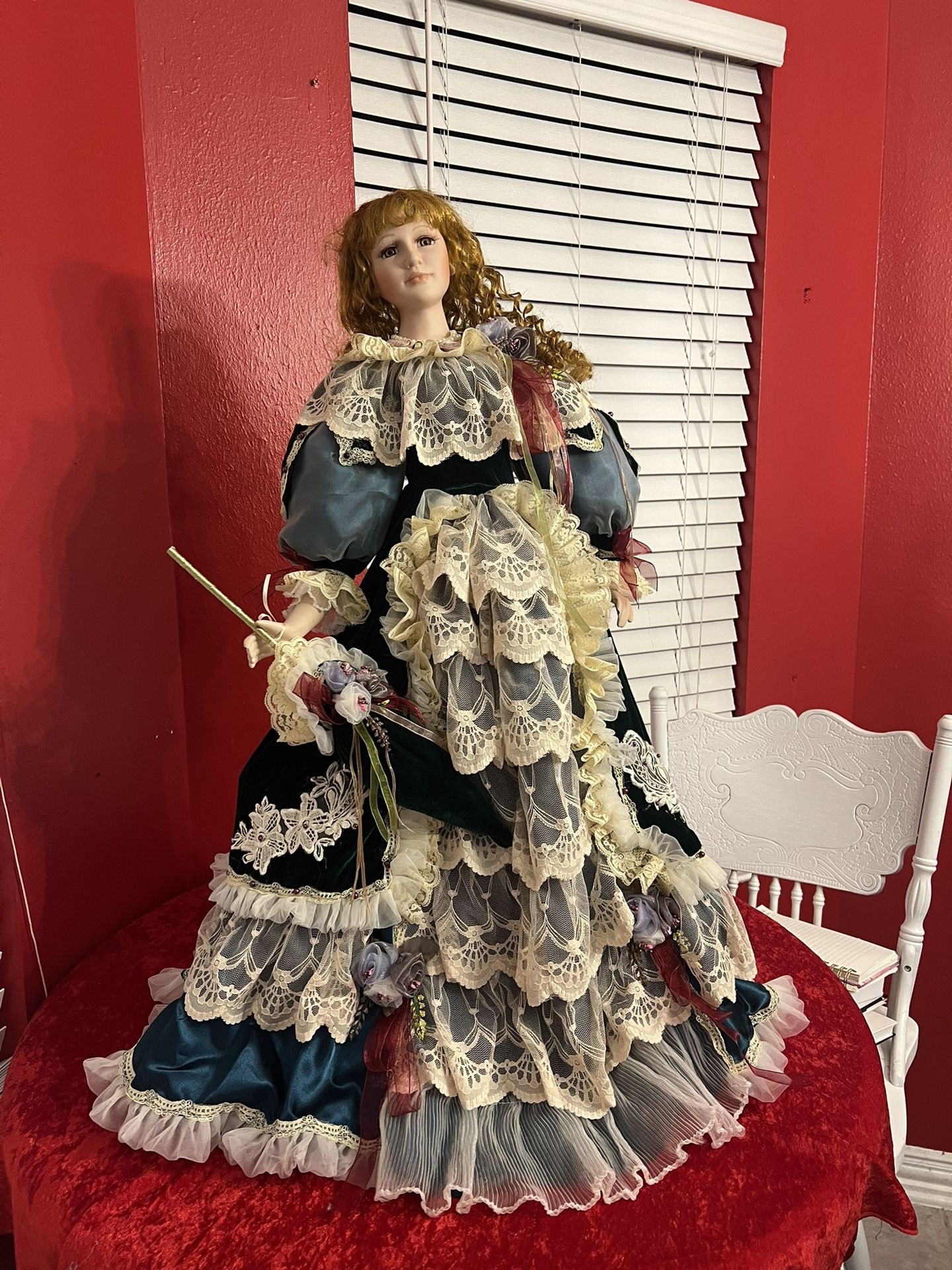 VINTAGE 33” UMBRELLA  PORCELAIN DOLL WITH STAND VICTORIA STYLE DRESS