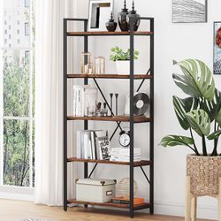 NEW 5-Tier Wood & Metal Open Bookcase - Etagere Bookshelf - Industrial Shelving Unit - $146 Retail
