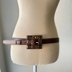 Vintage Jeweled Buckle Leather Belt Women's Medium Brown Elegant Style