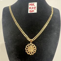 14K Solid Gold Chain and Pendant For Wedding 15.2Gr 20 Inches Long 