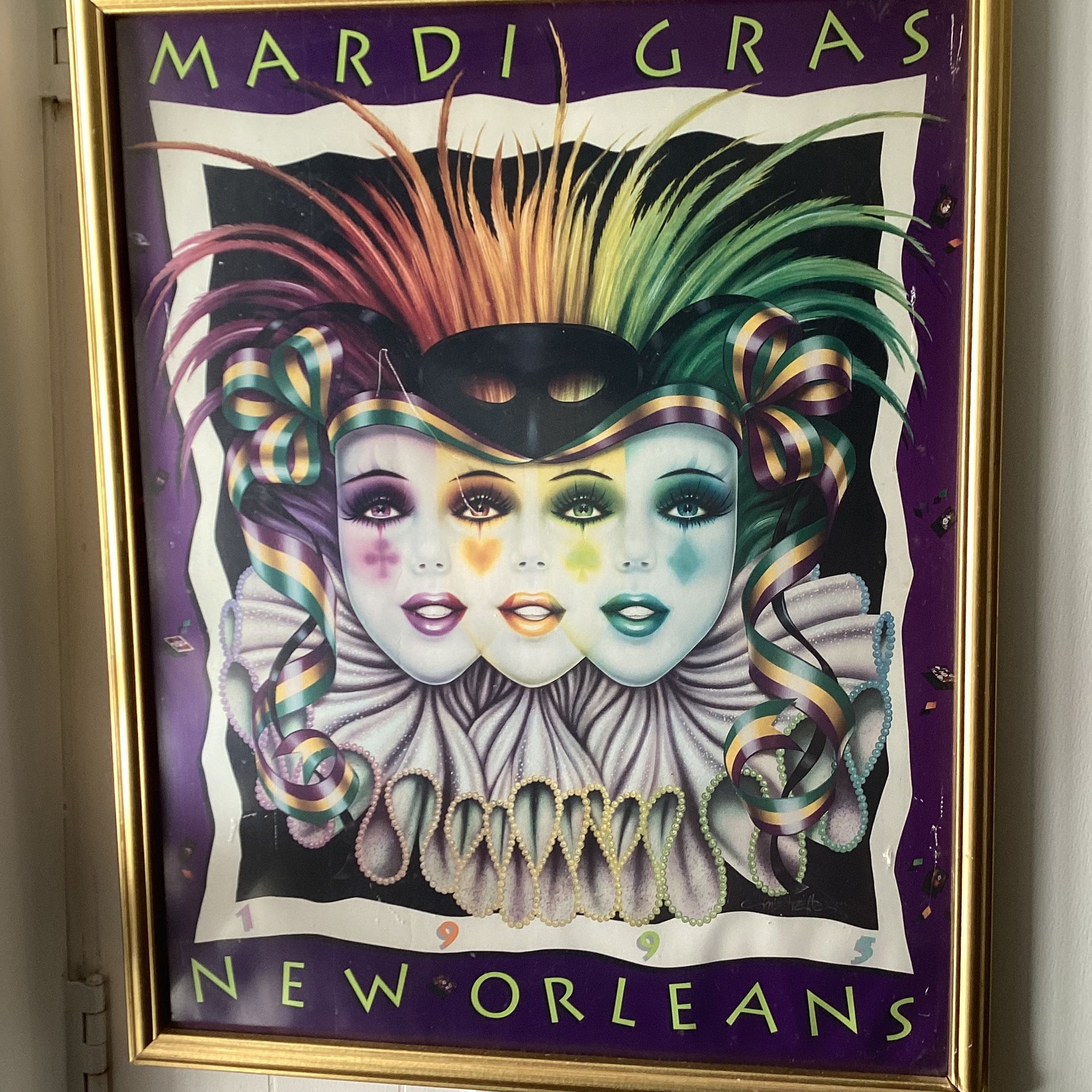  Mardi Gras New Orleans Menagerie 1995 vintage Poster Original Andrea Mistretta signed FRAMED 29x23  The plastic glass has a deep scratch. But overall