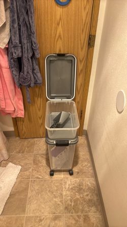 Two container dog food/treat bin on wheels