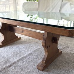 Vintage Handcrafted Country French Solid Pine Rustic Farmhouse Trestle Dining Table With Protective Glass