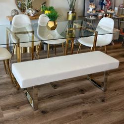 Long White Ottoman Faux Leather Bench With Silver Legs 45.5 inch 