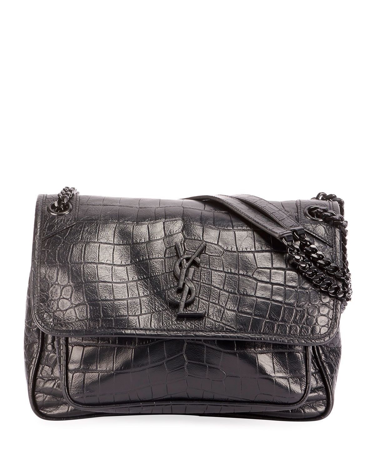 YSL Saint Laurent Niki Black Croc Leather Shoulder Bag