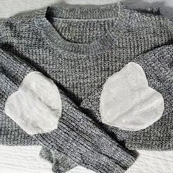 Gray Knitted Sweater With Heart Patch Elbows