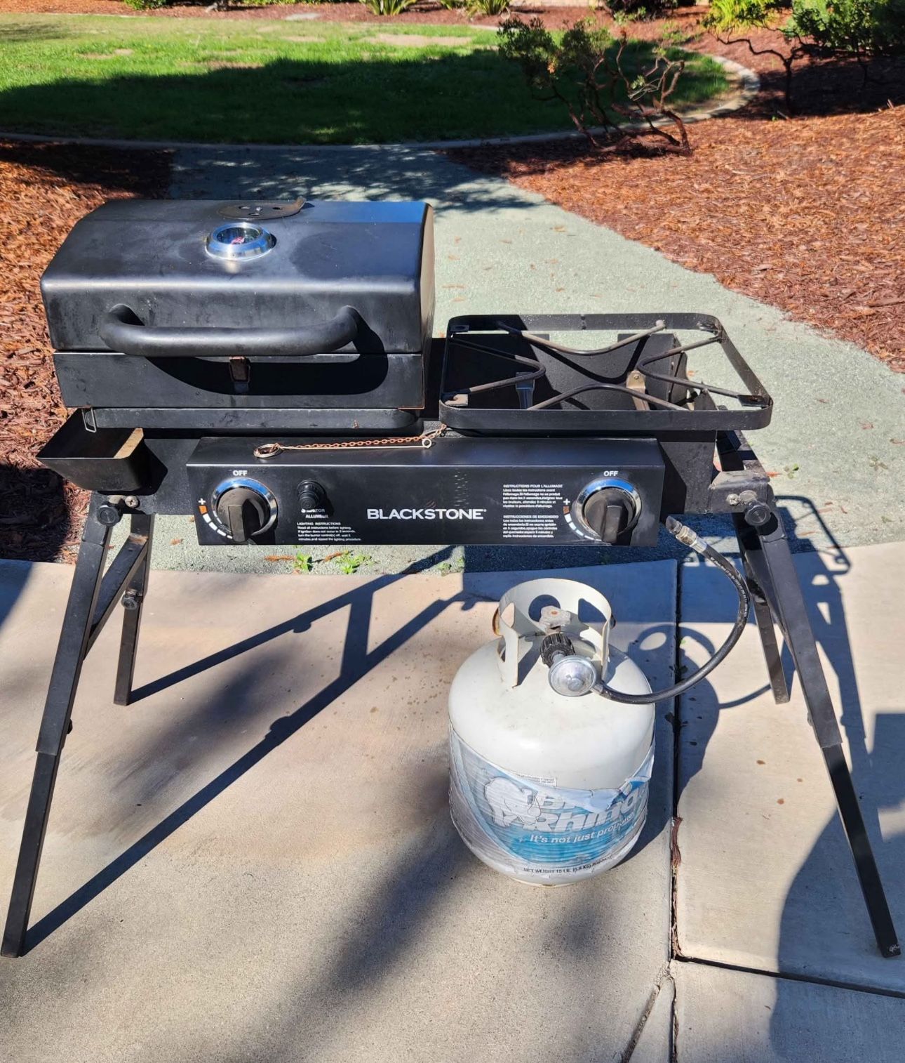 Blackstone combo grill with tank folds up for easy on the go