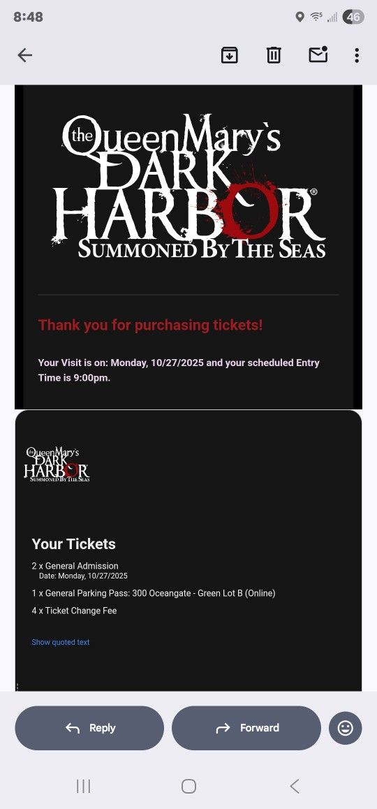 2 Tickets For Queen Mary Dark Harbor With Parking