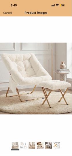 Comfy Saucer Chair for Adults, Foldable Living Room Chairs, Soft Faux Fur Lounge Chair for Bedroom, Reading Chairs, X-Large (Ottoman-White) 2piece
