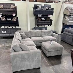 GREY CORDUROY SECTIONAL WITH OTTOMAN