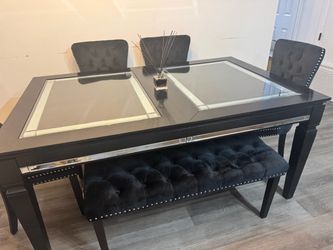 Black Mirrored Dining Table Set with Chairs and Bench