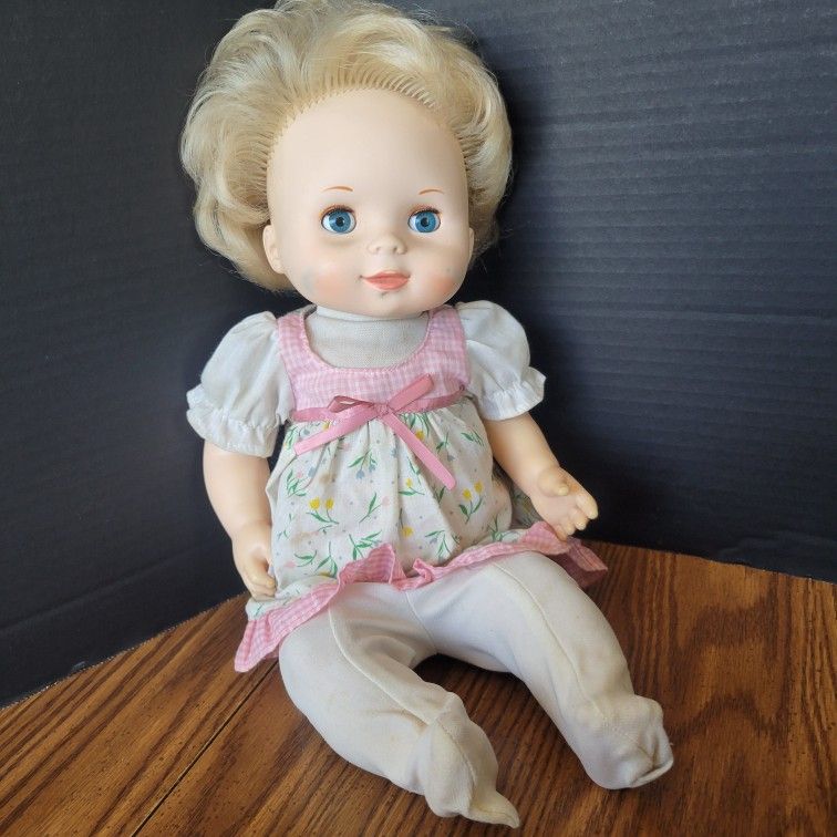 Vtg 1979 Fisher Price Soft Sounds Baby Doll Blue Eyes Rooted Hair Cloth Body 16”
