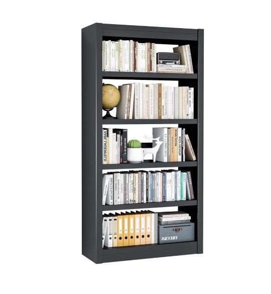 5 Tier Metal Bookshelf, 61" Tall Black Bookcase with Bookends, Adjustable Storage Shelves, Modern Book Case for Small Space