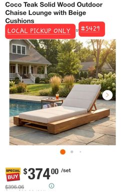 ➿️ Coco Teak Solid Wood Outdoor Chaise Lounge with Beige Cushions #5429