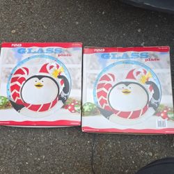 2 Fused Penguin Christmas Glass Plate 
