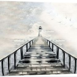 New 16X24”Coastal Pier Lighthouse Wall Art Decor Framed Canvas Serene Seascape Misty Dreamy Maritime