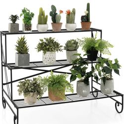 New Assembled 3 Tier Metal Plant Stand, Ladder Shaped Flower Pot Stand w/ Grid Shelf, Tiered Plant Organizer Shelf for Indoor & Outdoor, Utility Plant
