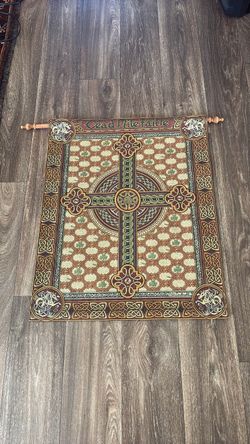 Irish Gaelic Celtic Cross Welcome Wall Tapestry Folk Textile Art
