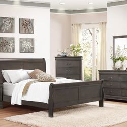 Brand New Stained Gray Queen Bedframe + Dresser + Mirror + Nightstand 4PCs Set