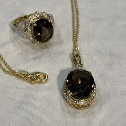 Smoky Topaz Necklace With Diamond Accents,  And Ring Set. Ring Size 8.  Gold Over Silver. 